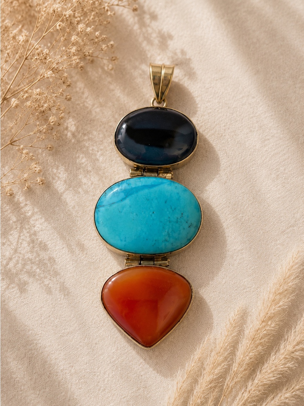 Pendant Necklace with Black Agate, Turquoise & Carnelian Agate - Tibetan Silver